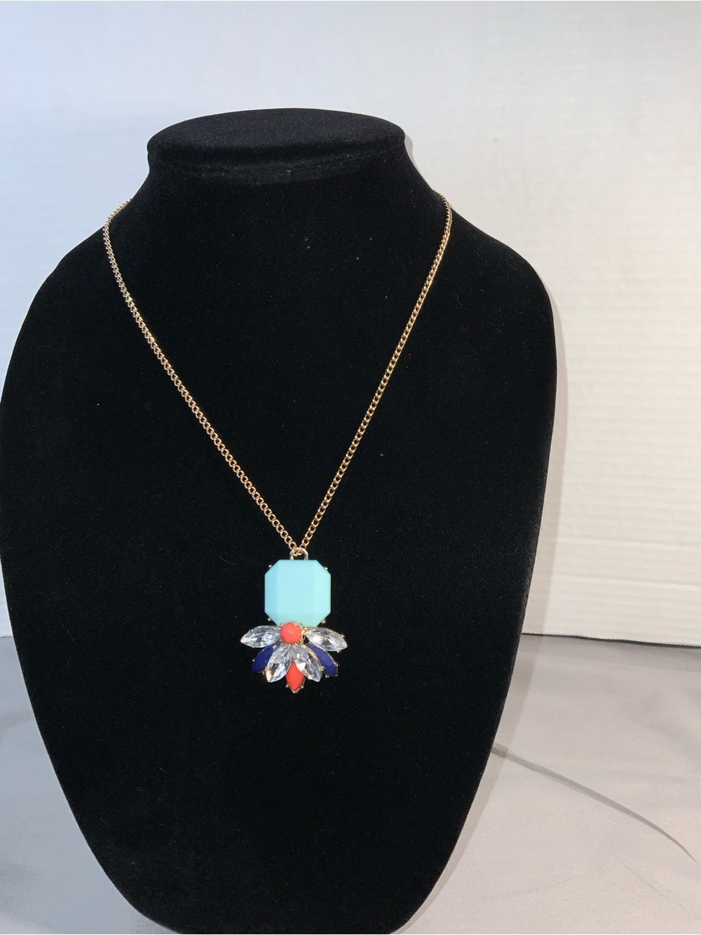 Gold Chain Necklace with Aqua Pendant and Multicolor Crystal Accent